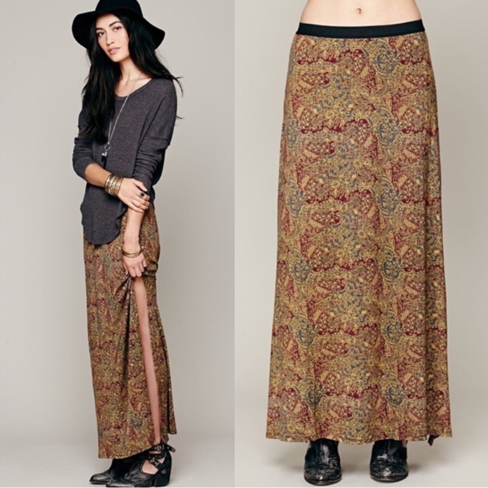 Free People • Sashaying Maxi Skirt paisley print jersey knit maroon gold blue